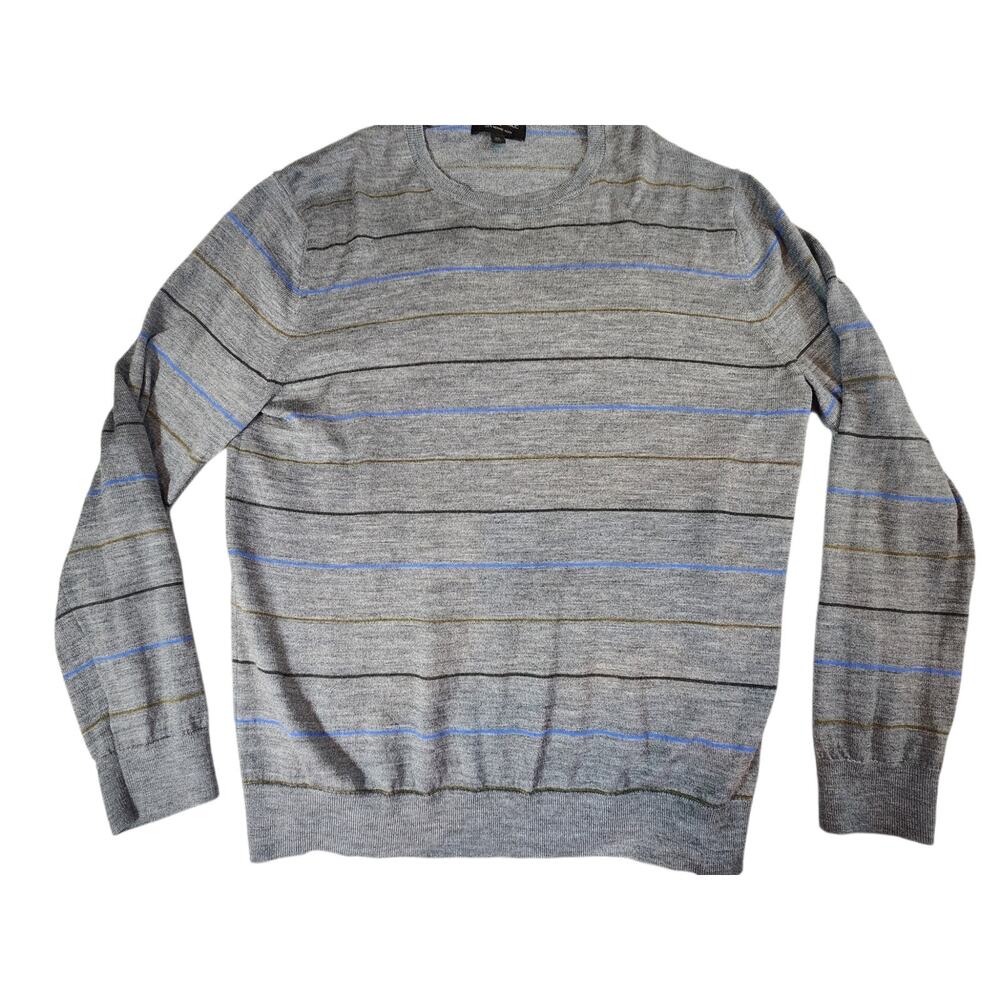 Banana Republic 100% Merino Wool‎ Sweater XL Gray Striped Crew Neck Lightweight